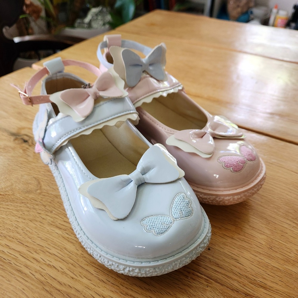 Kawaii Lolita Butterfly Bow Ankle Strap Flats Dress Shoes Pink Blue Size 8‎